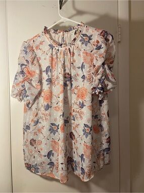 Rachel Zoe White Blouse with Coral and Navy Floral Print